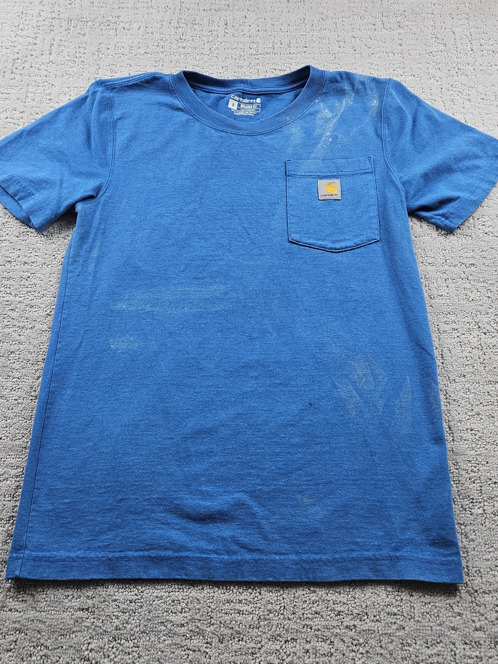 Carhartt Mens Small Short-Sleeve Pocket Tee in Royal Blue with Yellow Patch